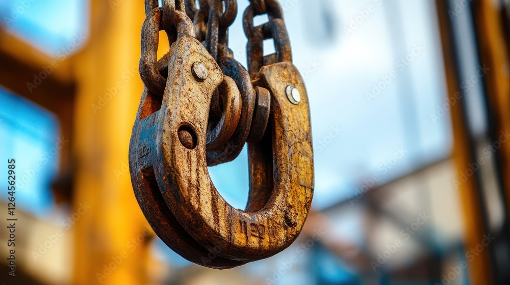 Close-up of rusty metal chain links and hooks. Close-up of rusty metal chain links and hooks.