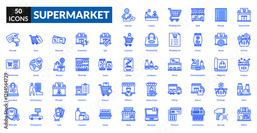 Supermarket blue icon collection set.  Includes grocery, shopping cart, food, store, basket, cashier, checkout, produce, market, aisle, sale, discount, items, packaging, payment
