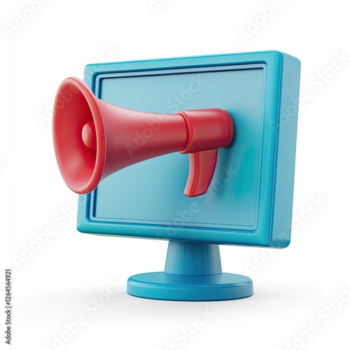 Digital Announcement, Monitor with Megaphone, White Background, 3D Illustration photo