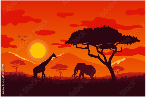 A silhouette vector illustration of an elephant and a giraffe walking through the grasslands, surrounded by the vast African forest beneath a warm, luminous evening sky, orange sky