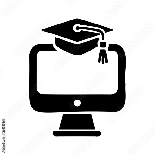 Online Learning Icon with Computer and Graduation Cap