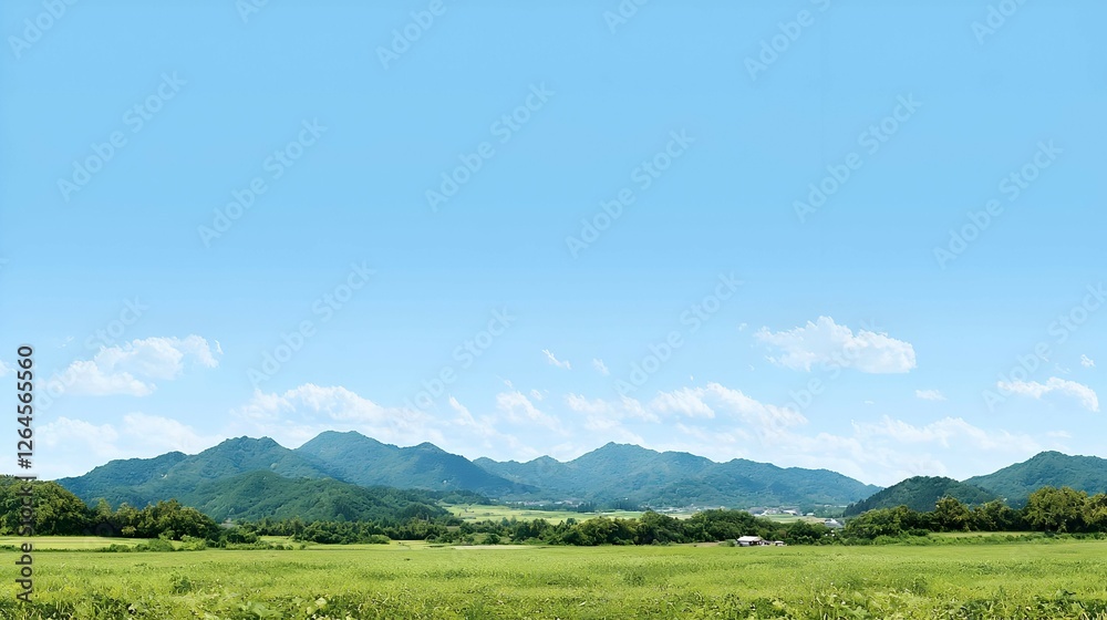 Serene Green Field And Blue Sky Landscape With Distant Mountains Serene Green Field And Blue Sky Landscape With Distant Mountains