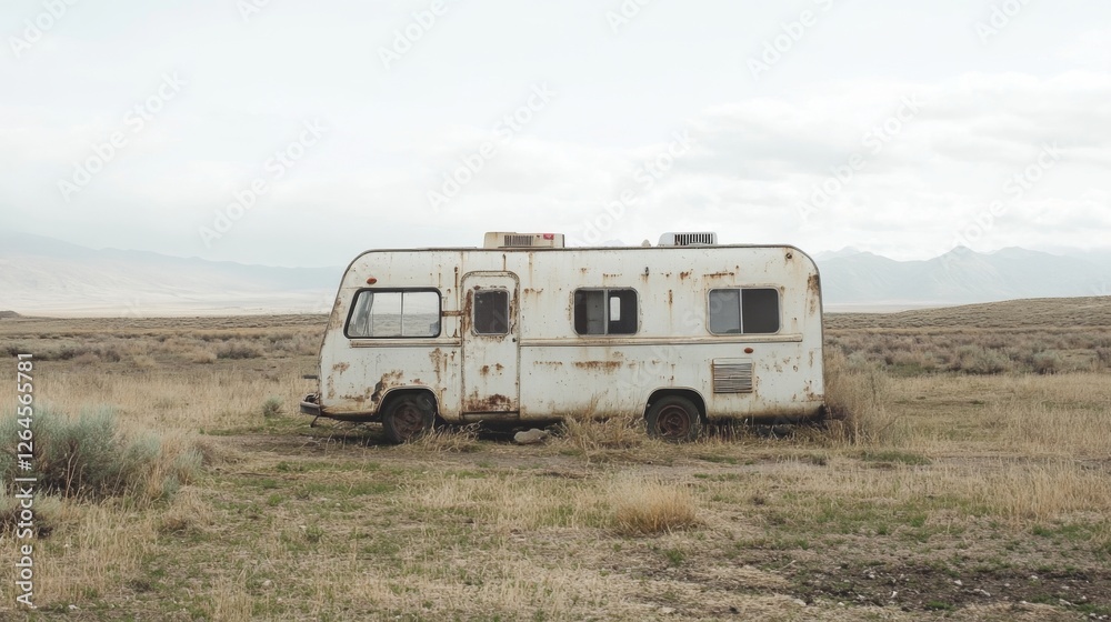Rusty campervan abandoned in desert landscape, travel concept