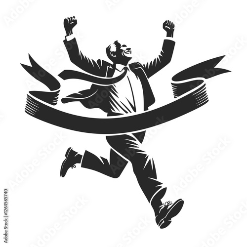 senior businessman running celebrating victory with arms raised, crossing a finish line.