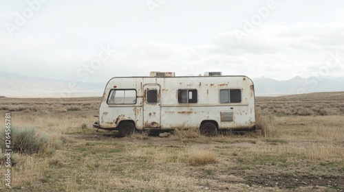 Obraz na płótnie Rusty campervan abandoned in desert landscape, travel concept w salonie
