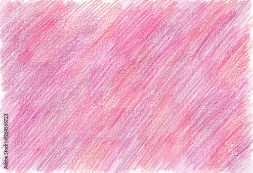 Abstract pink background. Red, purple, coral colors. Filled with texture drawn with colored pencils. Diagonal strokes. Different shades and blurs. A white background can be seen in the heavens.