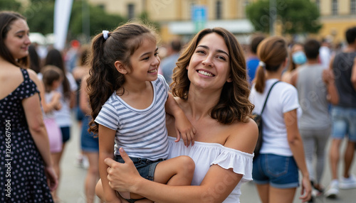 Wallpaper Mural Happy mother holding daughter in a lively outdoor setting Torontodigital.ca