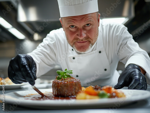 Professional Chef Plating Gourmet Dish – Determined Focus in Modern Kitchen, Culinary Excellence

