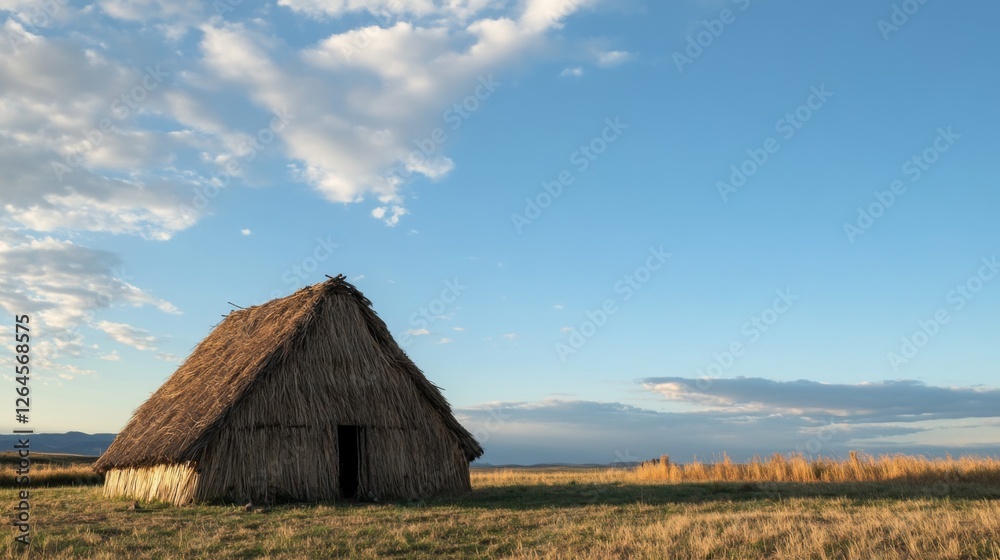 Thatched hut in rural field, sunset sky Thatched hut in rural field, sunset sky