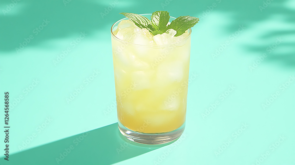Refreshing Yellow Drink in a Glass with Ice Cubes and Mint Garnishing Under Summer Daylight Refreshing Yellow Drink in a Glass with Ice Cubes and Mint Garnishing Under Summer Daylight