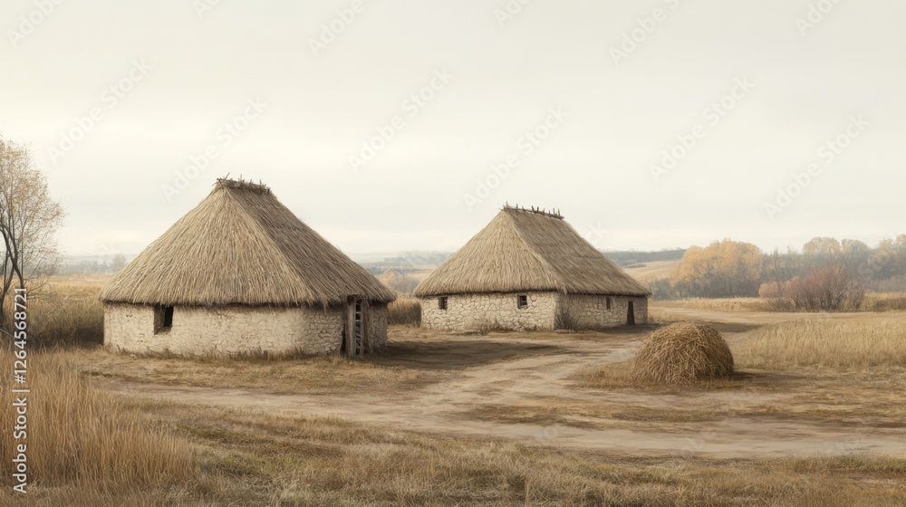 Thatched huts in autumnal field, historical reconstruction, educational use Thatched huts in autumnal field, historical reconstruction, educational use