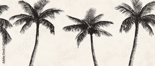 Palm trees silhouette pattern for tropical backgrounds, beach decor, and summer themes in black and white for stylish interior design.