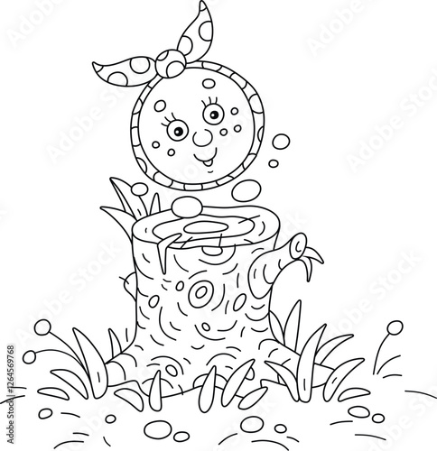 Funny round loaf Kolobok dancing and singing merrily on an old stump in a summer forest glade, black and white outlined vector illustrations for a coloring book