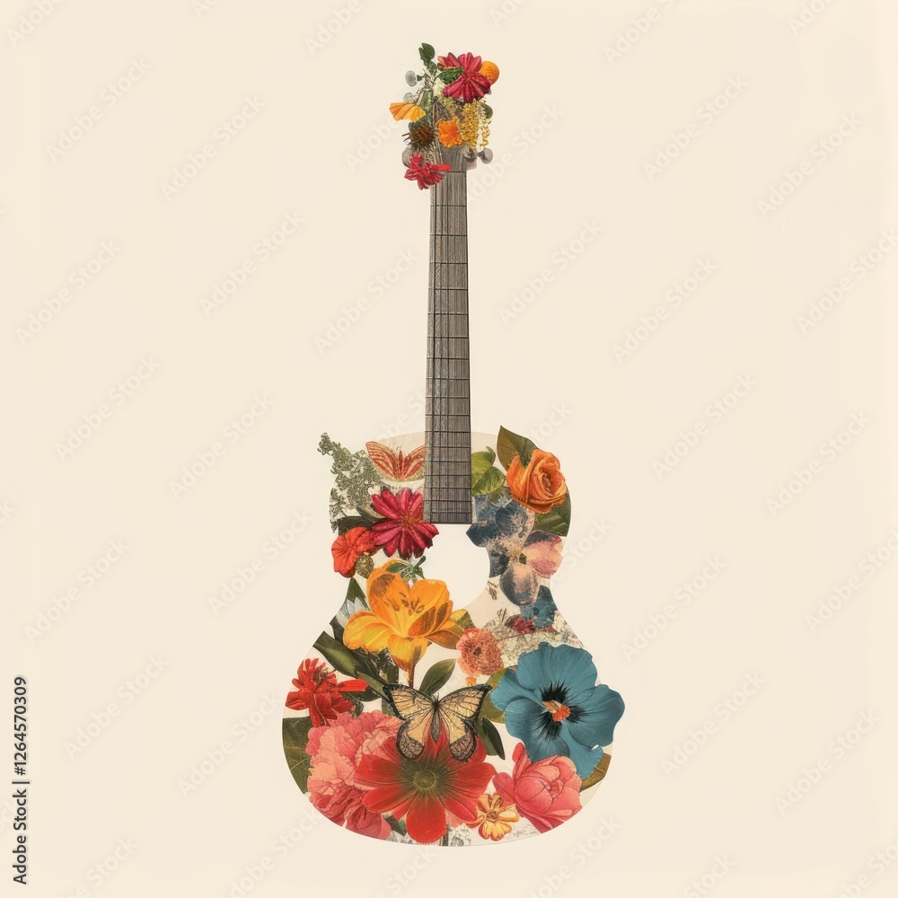 Paper collage of guitar flower art plant. Paper collage of guitar flower art plant.