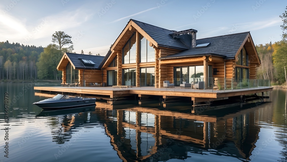 Fototapeta premium Large house with a boat in the water