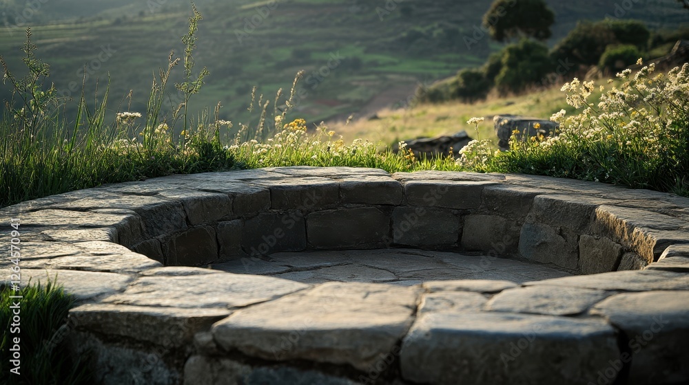 Stone Circular Structure Surrounded by Lush Greenery and Hills Stone Circular Structure Surrounded by Lush Greenery and Hills