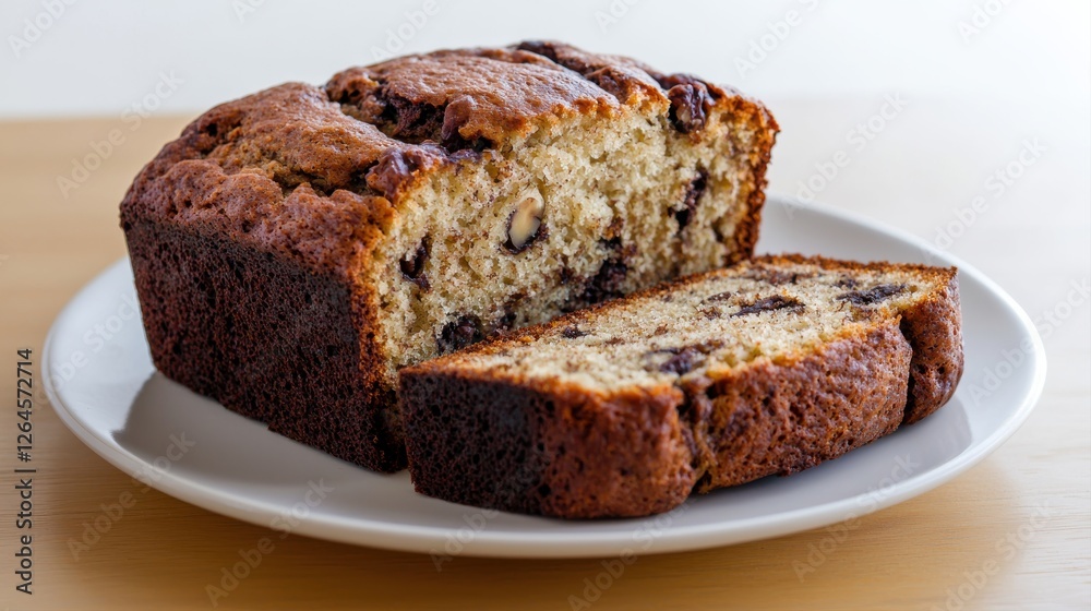 A freshly baked loaf of banana bread, sliced to reveal a moist, flavorful interior studded with chocolate chips, served on a white plate. A freshly baked loaf of banana bread, sliced to reveal a moist, flavorful interior studded with chocolate chips, served on a white plate.