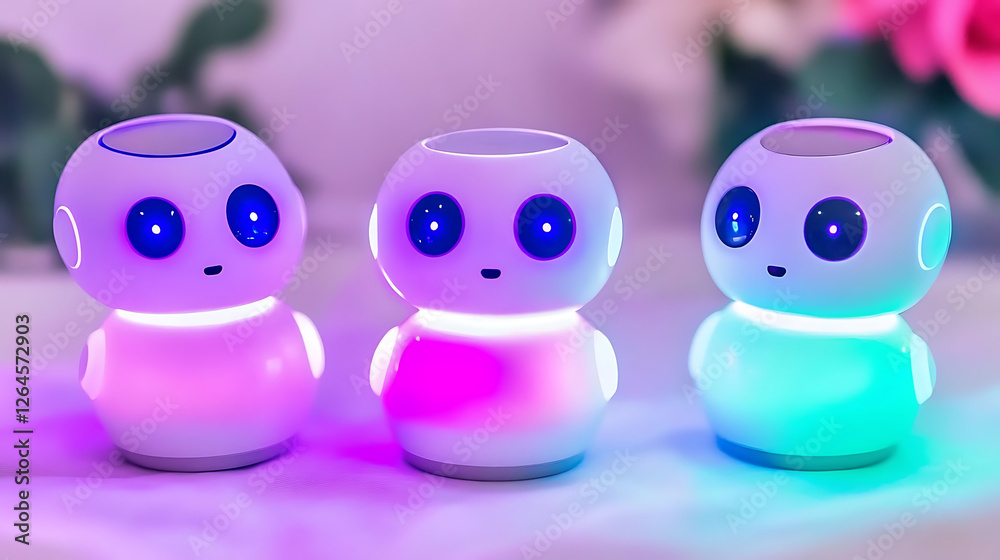 Fototapeta premium Row of Three Luminous Robot Figurines with Glowing Eyes and Colorful Bodies on White Surface