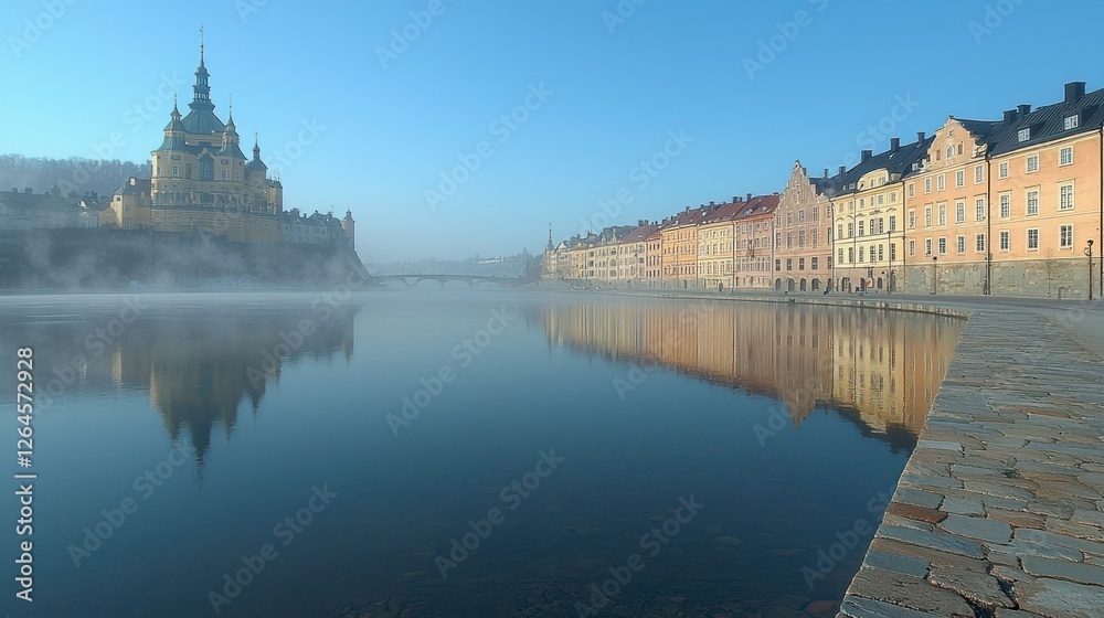 Fototapeta premium Gripsholm Castle and Mariefred's Waterfront at Dawn