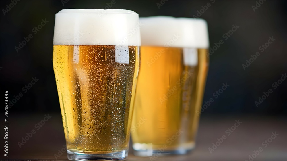 Two Glasses Of Cold Beer With Condensation On Wooden Table Two Glasses Of Cold Beer With Condensation On Wooden Table