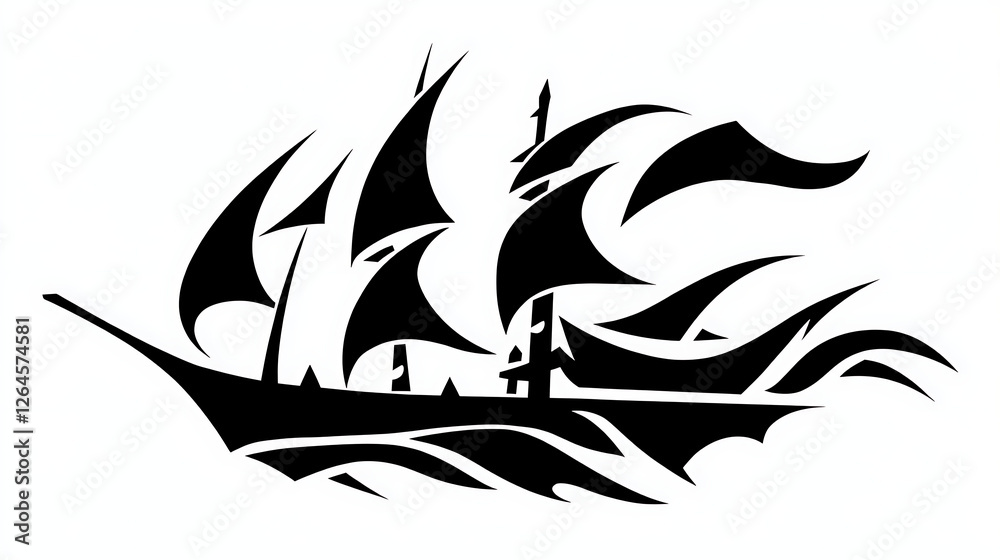 Sailing Ship Silhouette on the Waves Artistic Nautical Adventure Black and White Representation
