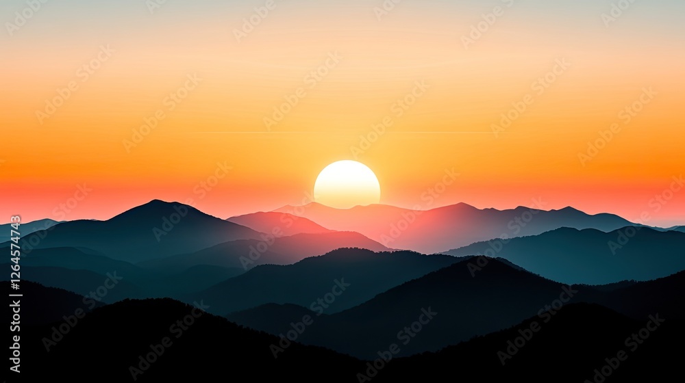 Majestic sunset over layered mountain ranges, casting warm hues across the horizon Majestic sunset over layered mountain ranges, casting warm hues across the horizon