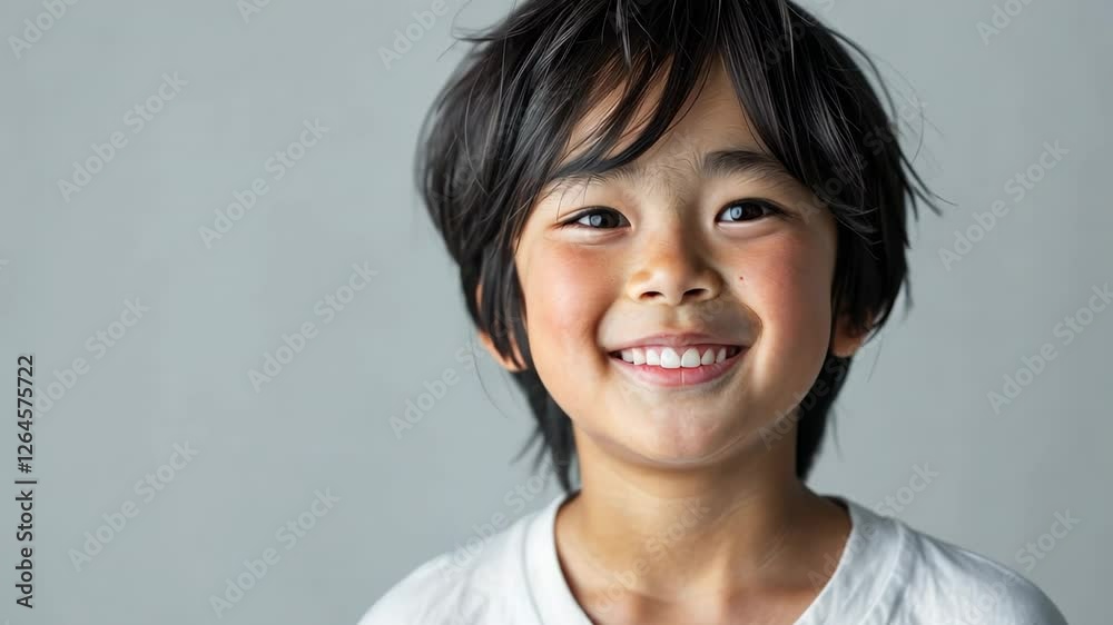 Joyful Asian boy with expressive smile and tousled hair against a soft neutral background, capturing innocence and happiness Joyful Asian boy with expressive smile and tousled hair against a soft neutral background, capturing innocence and happiness