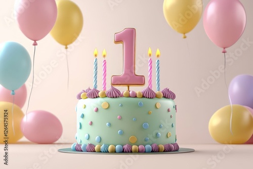 Number 1 cake, minimalistic with pastel balloons, wide space. photo