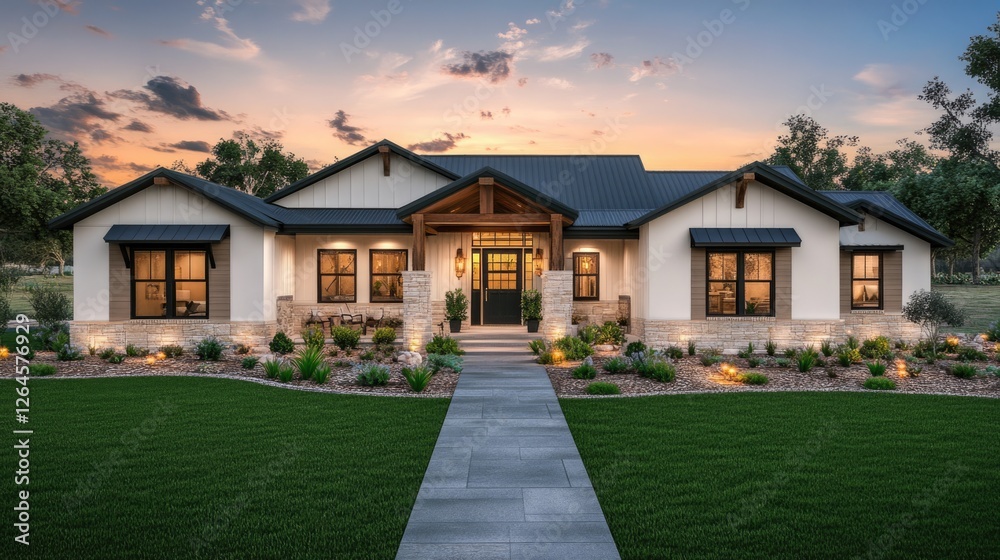 Modern Farmhouse Dream Home at Dusk: A Perfect Blend of Rustic Charm and Contemporary Style Modern Farmhouse Dream Home at Dusk: A Perfect Blend of Rustic Charm and Contemporary Style