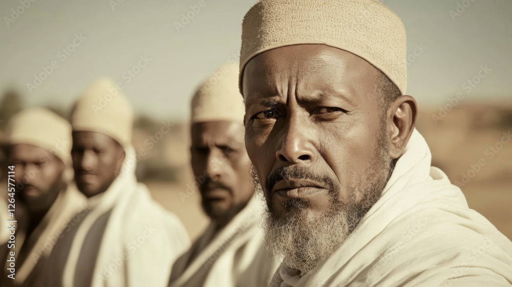 Men in white robes, desert background, serious expressions, cultural portrait Men in white robes, desert background, serious expressions, cultural portrait