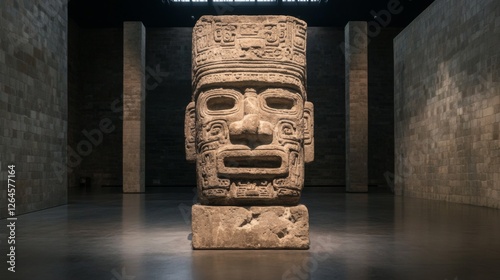 Mayan stone head museum exhibit, dark room photo