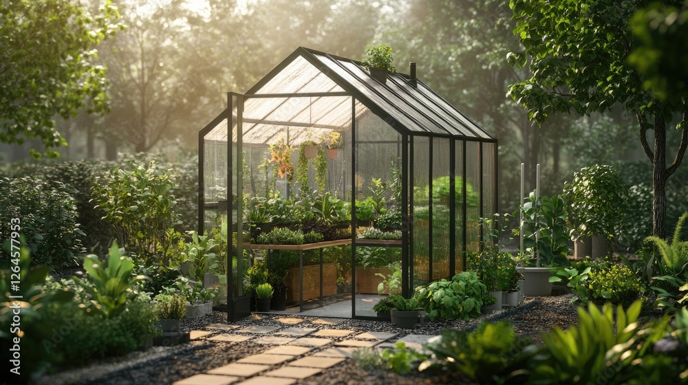 Fototapeta premium Modern Glass Greenhouse in a Lush Garden