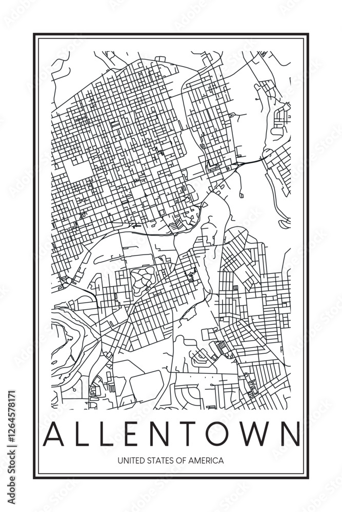 Obraz premium Printable downtown road map poster of the USA town of ALLENTOWN on solid white background with city name