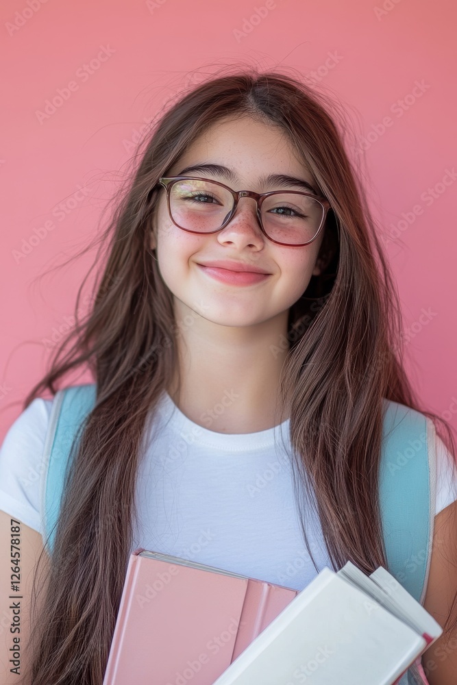 Smiling schoolgirl with glasses holding books, ready for class, studying, and education concepts against a pink background for stock photography. Smiling schoolgirl with glasses holding books, ready for class, studying, and education concepts against a pink background for stock photography.