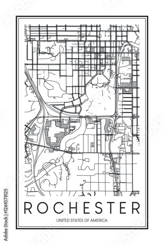 Printable downtown road map poster of the USA town of ROCHESTER on solid white background with city name