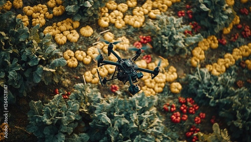 Drone surveying pumpkin and tomato field photo