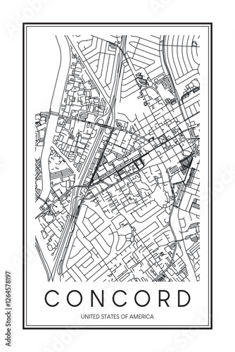 Printable downtown road map poster of the USA town of CONCORD on solid white background with city name