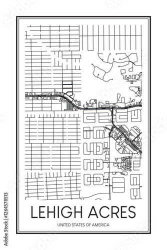 Printable downtown road map poster of the USA town of LEHIGH ACRES on solid white background with city name