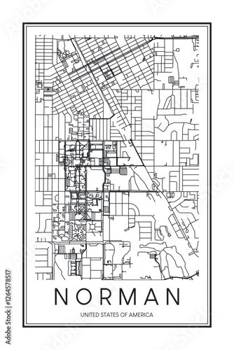 Printable downtown road map poster of the USA town of NORMAN on solid white background with city name