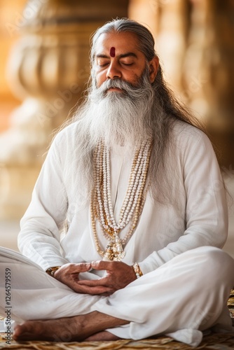 Spiritual guru meditating in traditional attire, peaceful environment, showcasing mindfulness, yoga practice, and ancient wisdom in serene temple setting.