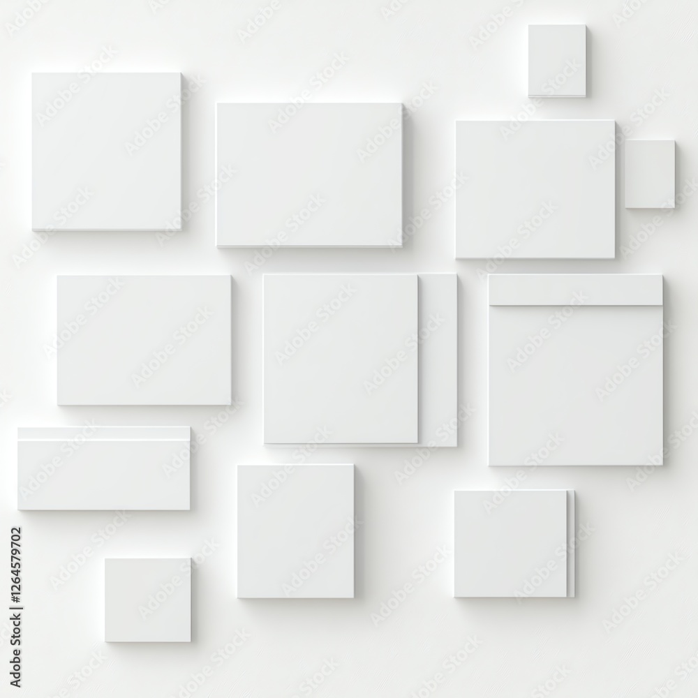 Abstract arrangement of blank white square panels on a wall for a clean modern background. Abstract arrangement of blank white square panels on a wall for a clean modern background.