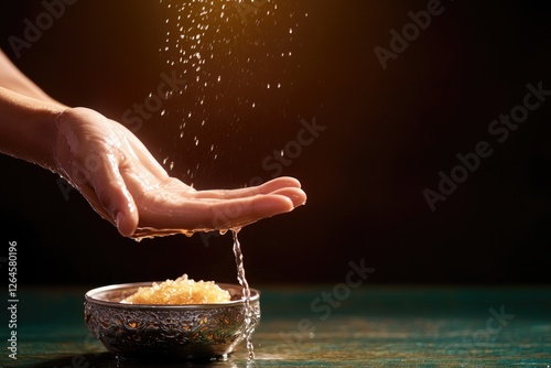 Hands pouring water over rice, symbolizing blessings and renewal photo