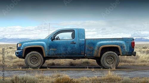 Weathered blue pickup truck parked on a deserted road with expansive plains and mountains in the background