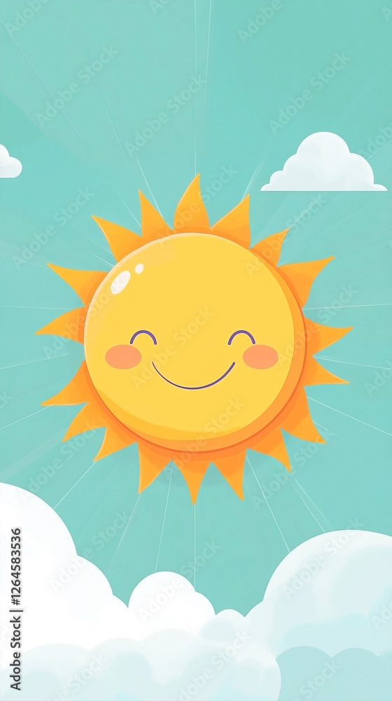 Fototapeta premium Cute cartoon sun with a simple flat design featuring a smiling face and surrounding clouds