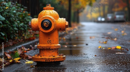 Vibrant orange fire hydrant positioned on a rainy street surrounded by autumn foliage