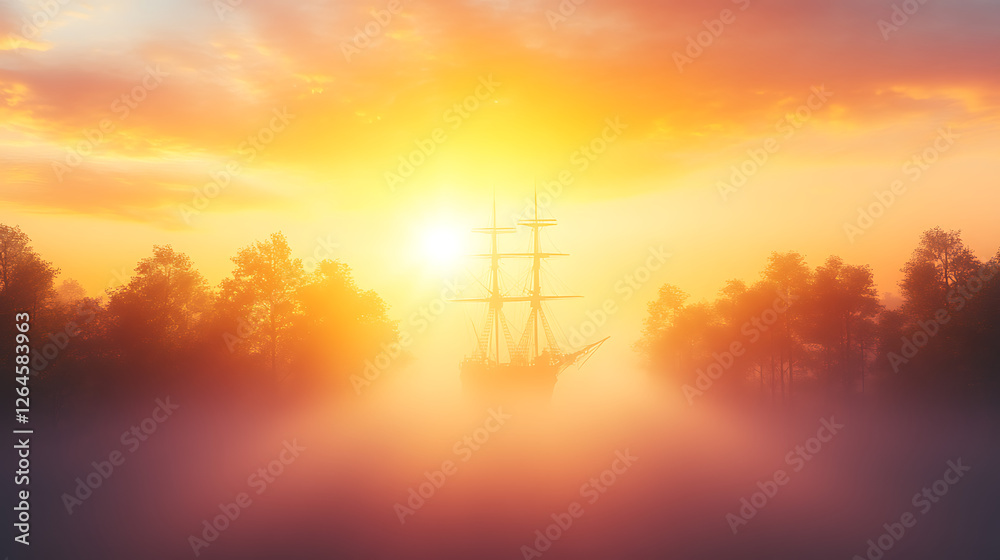 Obraz premium Ship Silhouetted in the Golden Sunset Radiance Emerging From Fog Bound Waters Among Tree Lined Shores