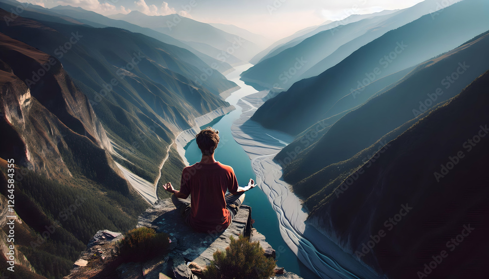 Fototapeta premium Meditation A person practicing meditation at the edge of a mountain cliff, seated in lotus position with their 4