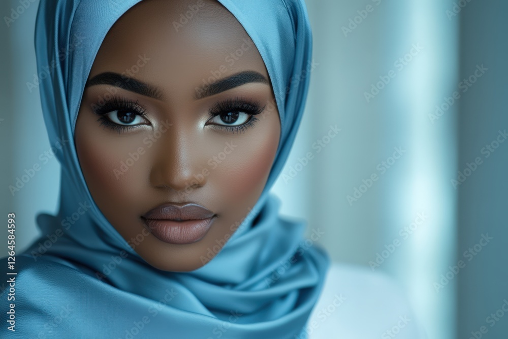 Naklejka premium Ramadan Mubarak African Muslim Woman in Blue Hijab Posing for Photo, Holy Month of Islamic Festival.Fictional Character Created By Generative AI