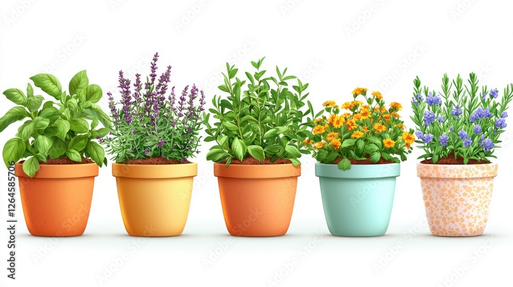 Colorful pots of various herbs and flowers arranged in a line against a white background Colorful pots of various herbs and flowers arranged in a line against a white background