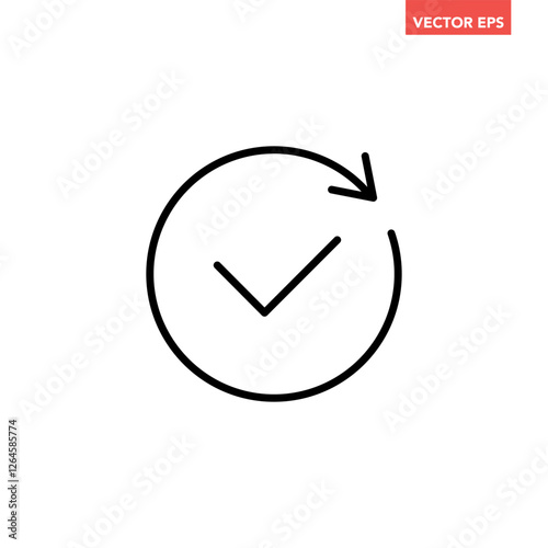Black round checking process sync approved icon, simple turning arrows syncing flat design pictogram vector for app logo ads web webpage button ui ux interface elements isolated on white background